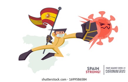 Person with biohazard suit holding Spain flag on Spain map background, fighting coronavirus pandemic outbreak 2019 COVID 19. Scalable and editable vector illustration. 