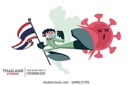 Person with biohazard suit holding Thailand flag on Thailand map background, fighting coronavirus pandemic outbreak 2019 COVID 19. Scalable and editable vector illustration.