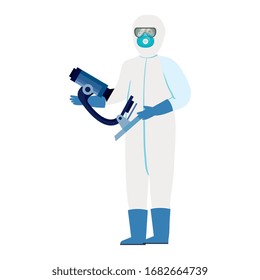 person with biohazard suit protection and microscope vector illustration design