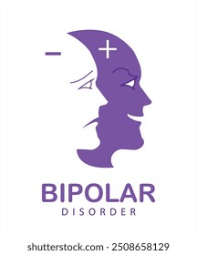 Persona con trastorno bipolar. Icono plano simple de una persona con trastorno bipolar. Ilustración vectorial de dos cabezas mostrando 2 sentimientos diferentes, maníaco y depresivo