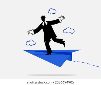 Person in black business suit and hat flies on paper airplane. Vector flat illustration. Concept of an easy-going person. Caring for mental health in office. Joy, happiness, meditation.