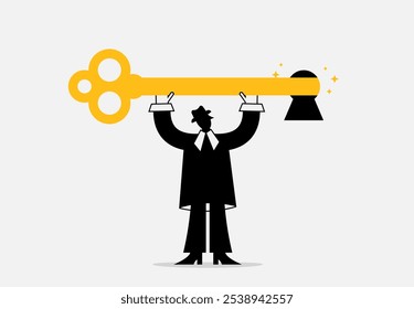 Person in black business suit and hat holds key in hands and opens keyhole. Vector illustration. Concept of finding solution to problem.