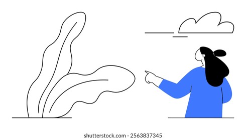 A person with black hair and a blue outfit is pointing towards a cloud next to a large plant. Ideal for education, guidance, nature, simplicity, and instruction themes. Minimalist vector style