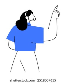 A person with black hair, wearing a blue shirt, and a headset points upward. Simple lines and minimalistic details define the style. Ideal for customer support, communication, service, guidance, and