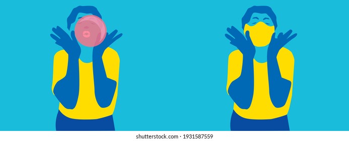Person blowing a bubble with and without mask