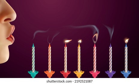 Person blowing out colorful birthday candles realistic color background vector illustration