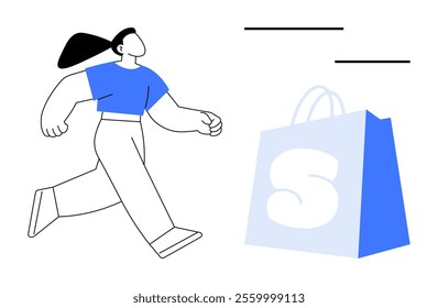 A person in blue attire walks purposefully towards a large blue shopping bag. Ideal for retail shopping activity customer marketing products eCommerce. The style is minimalistic