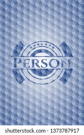 Person blue emblem with geometric pattern background.