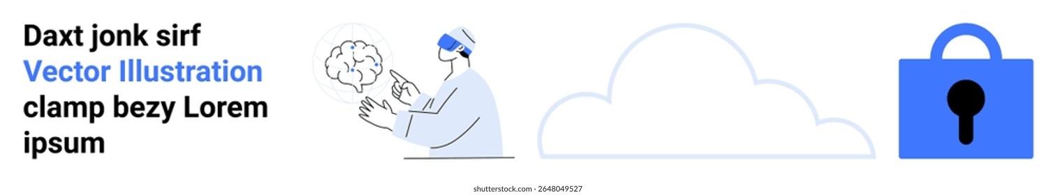 Persona de color azul examinando el cerebro, forma de nube Grande, y icono de candado azul. Ideal para ciberseguridad, protección de datos, computación en nube, salud mental, privacidad en línea, acceso seguro, contenido técnico