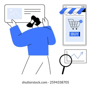 A person in blue interacts with various online shopping elements e.g. product image, shopping cart with notifications, mobile storefront and analytics. Ideal for e-commerce, online shopping, digital