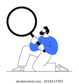 A person in blue kneeling while holding a large magnifying glass. Ideal for search concepts, research themes, investigations, exploration, and focus on details. Simple, minimalistic style.