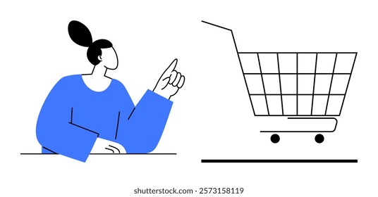 Person in blue outfit gesturing towards a shopping cart. Ideal for e-commerce online shopping retail consumer behavior marketing and digital commerce themes. Simple minimal illustration style