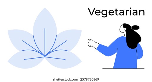 A person in a blue outfit pointing to the word Vegetarian next to a blue leaf design. Ideal for health food, lifestyle, eco-friendly living, wellness, and plant-based diets. Flat vector style