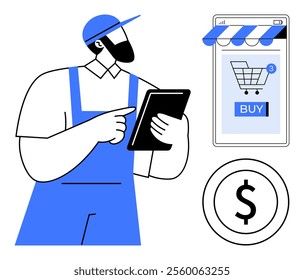 A person in blue overalls holding a tablet, pointing at a smartphone displaying a shopping cart and buy button. Also a dollar sign icon. Ideal for online shopping, e-commerce management, digital