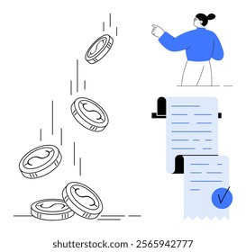 Person in blue pointing, five falling coins, and a stack of receipts with blue checkmark. Ideal for finance, accounting, expense tracking, budgeting, and financial planning. Simplistic vector style