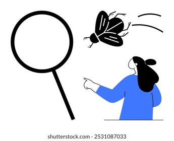 Persona de azul señalando a un insecto volador junto a un símbolo de lupa. Ideal para entomología, estudio científico, exploración, investigación y temas de descubrimiento. Estilo minimalista