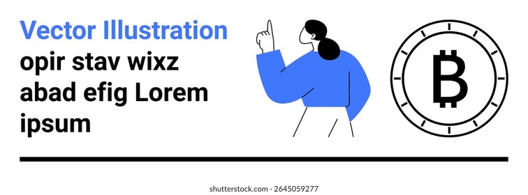 Person in blue pointing, placeholder text, large Bitcoin symbol. Ideal for cryptocurrency, finance, education, marketing, tutorials, presentations, websites advertisements Landing page