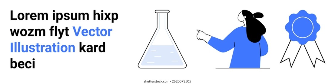 Person in blue pointing at text, lab flask with liquid, and blue award ribbon. Ideal for educational content, business growth, scientific achievement, awards, recognition, presentation slides. Banner