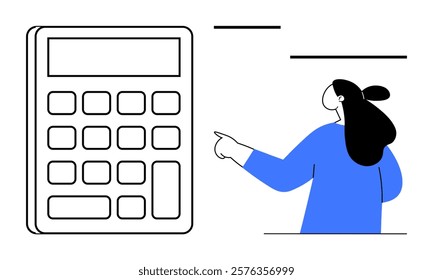 Person in blue pointing towards a large calculator, suggesting focus on calculating or financial tasks. Ideal for education, finance, budgeting, accounting, and business planning. Simple line art