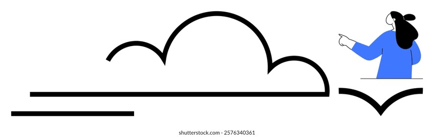 A person in blue pointing towards a symbolic cloud. Ideal for technology, innovation, cloud computing, future planning, data management. Minimalistic vector art style with black, white, and blue