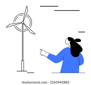 Person in blue pointing at a wind turbine. Ideal for renewable energy awareness, environmental conservation, sustainable technology, eco-friendly practices, educational materials. Simplistic, modern