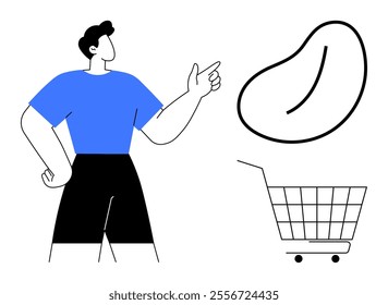 Person in blue shirt and black shorts pointing at a large bean shape with an empty shopping cart nearby. Ideal for shopping, grocery stores, food purchase, market ads, nutrition themes. Minimalist