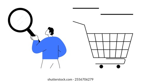 A person in a blue shirt holding a magnifying glass stands beside a shopping cart, emphasizing online shopping and search themes. Ideal for e-commerce, product search, shopping, consumer behavior