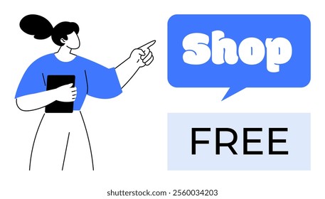 Person in blue shirt holding a tablet and pointing at text boxes saying Shop and Free in blue and black colors. Ideal for advertising, promotions, online shopping, marketing, and sale campaigns