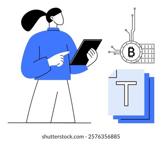 A person in a blue shirt holds a tablet while reviewing documents. Nearby is a blockchain symbol with a Bitcoin icon, indicating a focus on cryptocurrency, digital finance, and technology. Ideal for