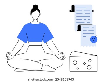 Person in a blue shirt meditating in a seated position. Nearby are a piece of cheese and a completed checklist. Ideal for themes relaxation, meditation, wellness, mindfulness, health. Simple line art