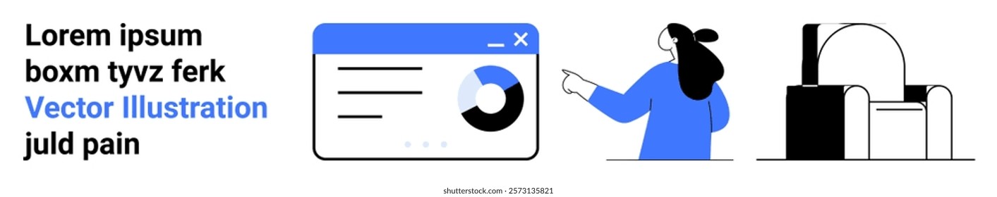 A person in a blue shirt pointing at a data dashboard with graphs and charts. Ideal for business presentations, analytics, user interaction, data visualization, and web design themes. Banner