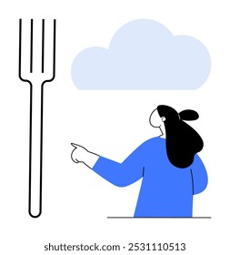 A person in a blue shirt pointing at a large fork under a cloud. Ideal for concepts of food choices, healthy eating, decision-making, mindfulness, and simplicity. Minimalistic style with clean lines