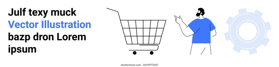 Person in blue shirt pointing at shopping cart with gear symbol. Ideal for e-commerce, technology, digital marketing, business strategy, customer engagement, online shopping, software solutions