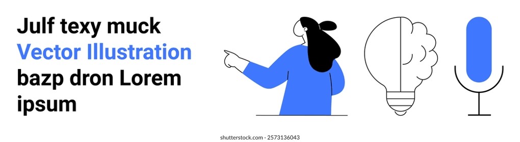 Person in blue shirt pointing with speech bubbles light bulb and microphone themes Ideal, for creative concepts innovation ideas presentations and educational content Banner for landing page