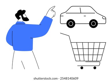 A person with a blue shirt pointing towards symbols of a car and a shopping cart. Ideal for car shopping, consumer choices, decision making, e-commerce, retail. Simple and modern style