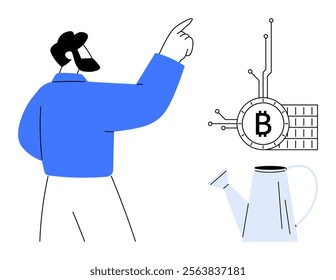 A person in a blue shirt points at a Bitcoin icon connected to digital circuits. A white watering can is positioned below. Ideal for technology finance cryptocurrency blockchain digital growth