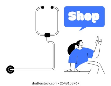 A person in a blue shirt points towards the word Shop in a speech bubble. Next to them is an outline of a push cart. Ideal for shopping, retail, e-commerce, consumer behavior, advertising. Simple