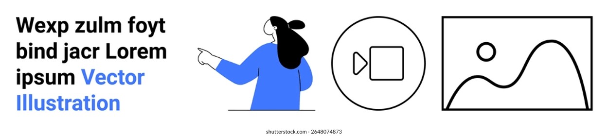 Pessoa com gestos de suéter azul, ícone de câmera de vídeo, desenho de paisagem abstrato e bloco de texto. Ideal para apresentações, conteúdo educacional, materiais promocionais, tutoriais, blogs, mídias sociais