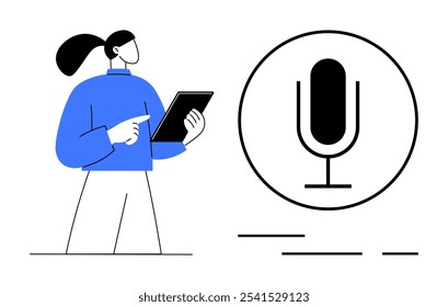 A person in a blue top is holding a tablet and pointing at it. Next to them is a large microphone symbol inside a circle. Ideal for technology communication podcasts audio recording media