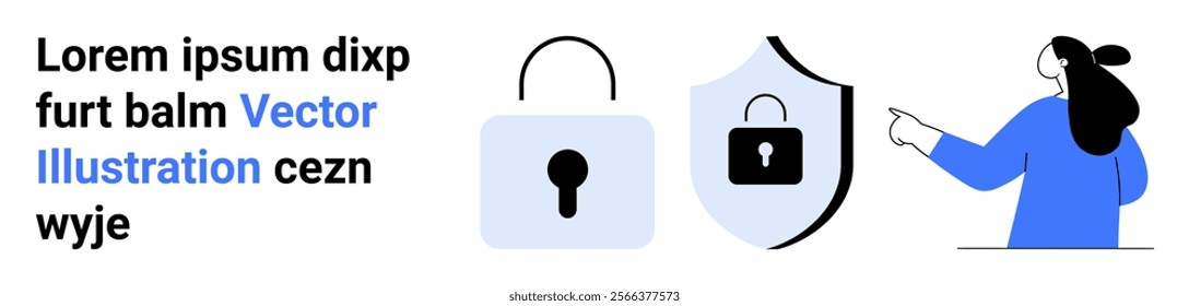 A person in a blue top pointing at a padlock and a shield with a lock. Ideal for cybersecurity, online safety, privacy protection, data security, digital security. Landing page