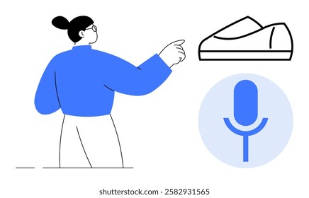 Person in blue top pointing at shoe illustration alongside a microphone icon. Ideal for voice command, technology integration, shopping apps, virtual assistant, user interaction, futuristic retail