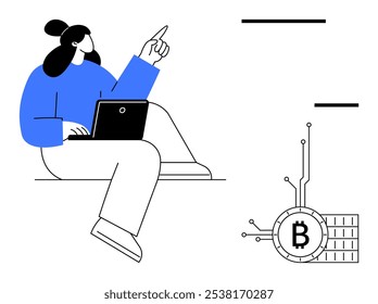 Una persona con una parte superior azul sentada y trabajando en una computadora portátil mientras señala un símbolo de Bitcoin conectado a un circuito. Ideal para finanzas, criptomonedas, tecnología, billeteras digitales y banca moderna