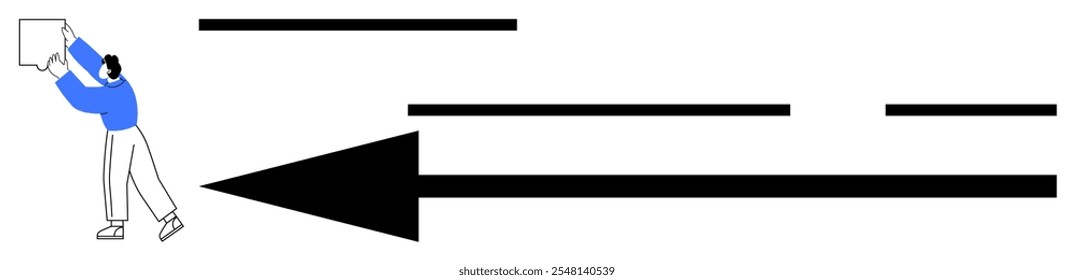 Persona en azul y blanco empujando un tablero con Grande flecha negra y líneas. Ideal para el trabajo en equipo, la dirección, el establecimiento de objetivos, el liderazgo y el progreso. Arte vectorial minimalista en un estilo limpio y moderno