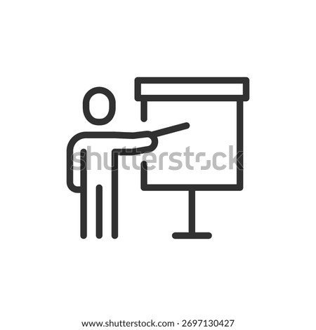 Person with board, linear icon. Presentation and business meeting. Line with editable stroke.