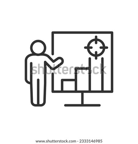 Person at the board talks about purpose, linear icon. Line with editable stroke