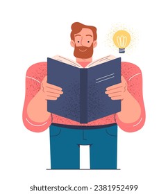 Person with book concept. Education and learning. Man with textbook. Literature and useful hobby. Graphic element for website. Cartoon flat vector illustration isolated on white background