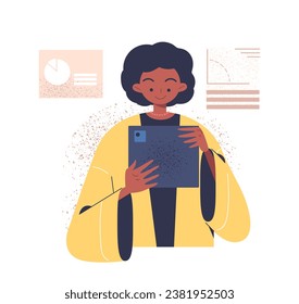 Person mit Buchkonzept. Bildung und Lernen. Mann mit Tablette. Schüler mit Gadget und Gerät. Vorlage und Layout. Cartoon-FlachVektorgrafik einzeln auf weißem Hintergrund