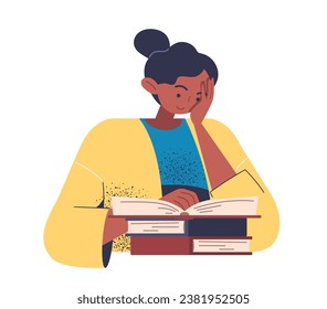 Person with book concept. Education and learning. Woman with at stack of textbooks. Student of school or university. Cartoon flat vector illustration isolated on white background