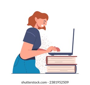 Person with book concept. Education and learning. Woman with laptop at stack of textbooks. Graphic element for website. Cartoon flat vector illustration isolated on white background