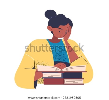 Person with book concept. Education and learning. Woman with at stack of textbooks. Student of school or university. Cartoon flat vector illustration isolated on white background